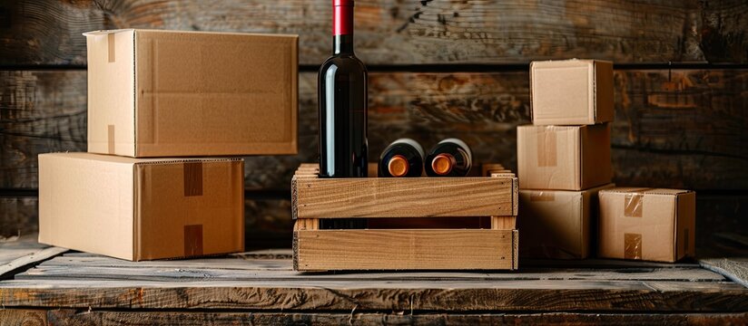 New unlabeled cardboard boxes on a rustic brown wooden table next to a retro wine crate isolated on white. with copy space image. Place for adding text or design