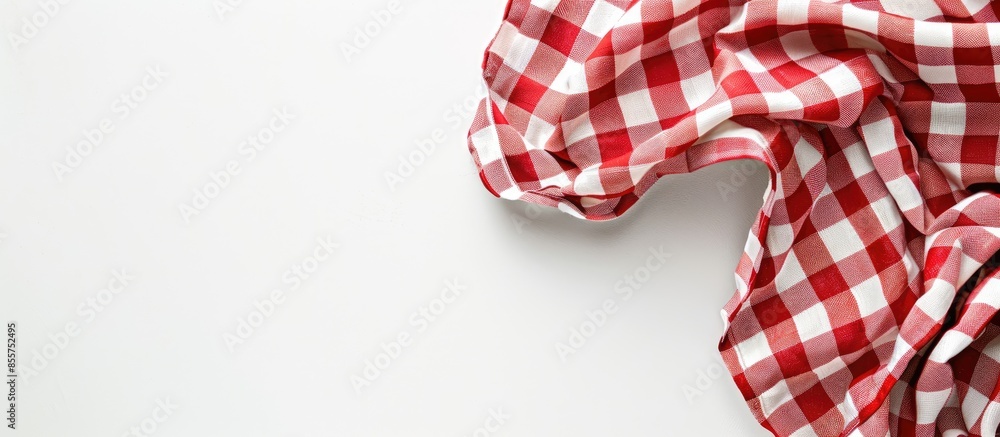 Aufkleber Red and white fabric tablecloth checkered on white background with copy space. Copy space image. Place for adding text or design