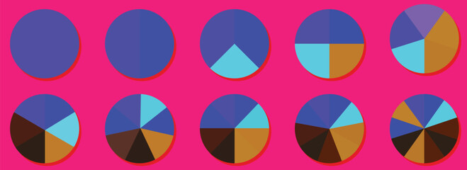 set of colored pie charts for 1,2,3,4,5,6,7,8,9,10 steps or sections to illustrate a business plan, infographic, reporting.eps 10.vectors