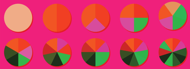 set of colored pie charts for 1,2,3,4,5,6,7,8,9,10 steps or sections to illustrate a business plan, infographic, reporting.eps 10.vectors