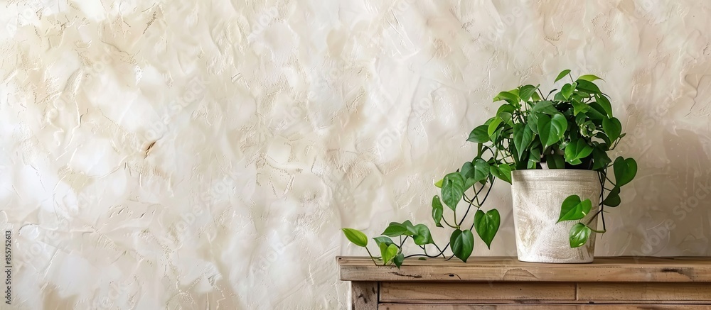 Poster pothos indoor house plant on a boho style dresser. with copy space image. place for adding text or d
