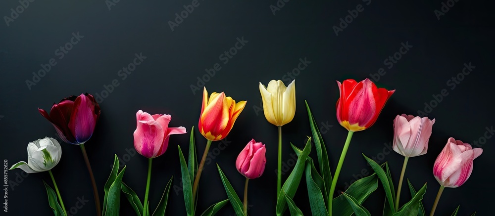 Leinwandbilder flowers isolated on black. group of tulips on a pastel background. with copy space image. place for 