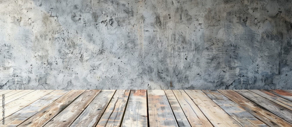 Poster Interior with wooden floor and business sketch on concrete wall. Start up concept. Copy space image. Place for adding text or design