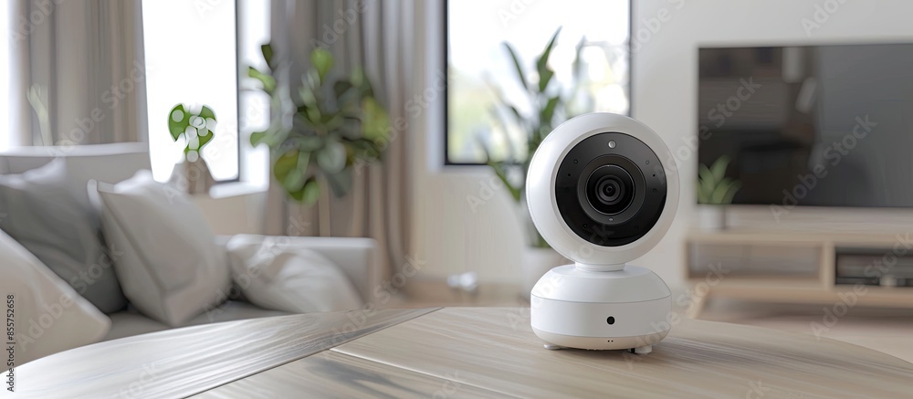 Poster Digital security eye. A white round indoor CCTV surveillance camera monitoring security on TV table in the room corner. Copy space image. Place for adding text or design