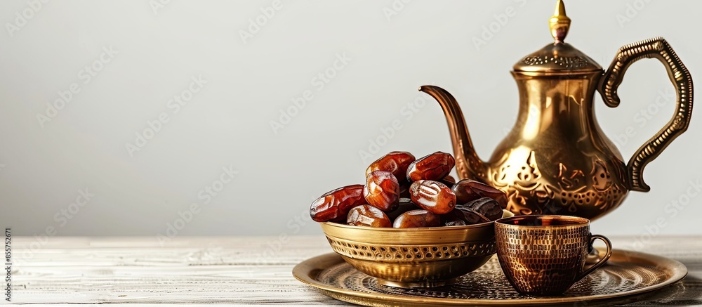 Aufkleber Dates in a golden bowl with a coffee pot and cups on a wooden floor and a white background , luxury shoot. Copy space image. Place for adding text or design