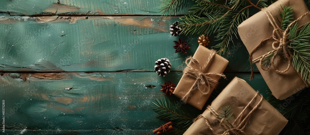 Poster fabric wrapped gifts and wooden christmas decorations. with copy space image. place for adding text 