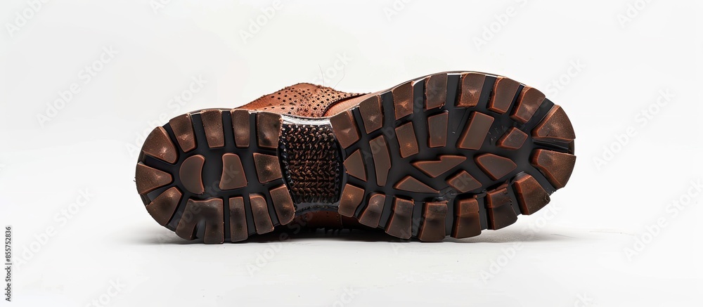 Poster Bottom view of sports leather boot isolated on white background. Shoe sole with clipping path. Full Depth of Field. with copy space image. Place for adding text or design