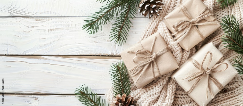 Poster Christmas composition. Christmas gifts, fir tree branches, knitted blanket on white wooden background. Flat lay, top view, copy space. Copy space image. Place for adding text or design