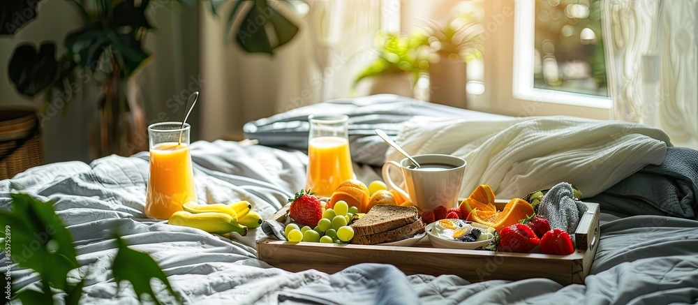 Poster breakfast tray set up on a bed with healthy foods and drink. with copy space image. place for adding