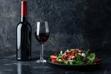 Gourmet Dinner with Red Wine and Salad on Dark Background