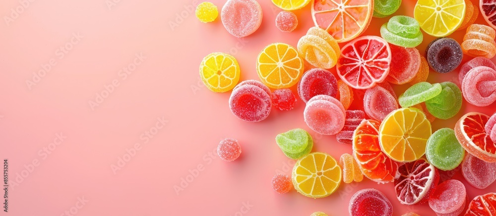 Poster tutti frutti candies in different colors and flavors. pastel background. with copy space image. plac