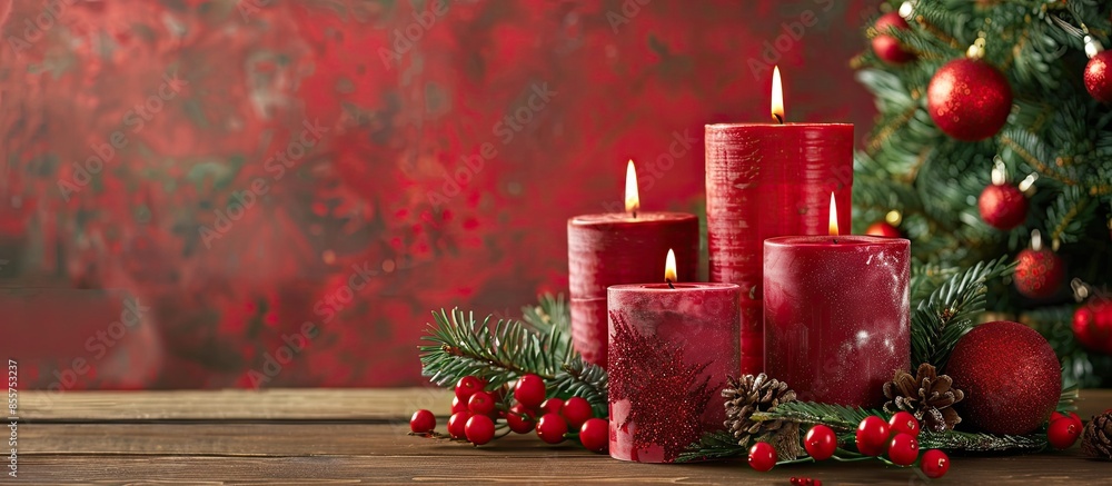Aufkleber christmas tree branches, red candles. christmas decorations on table. with copy space image. place f