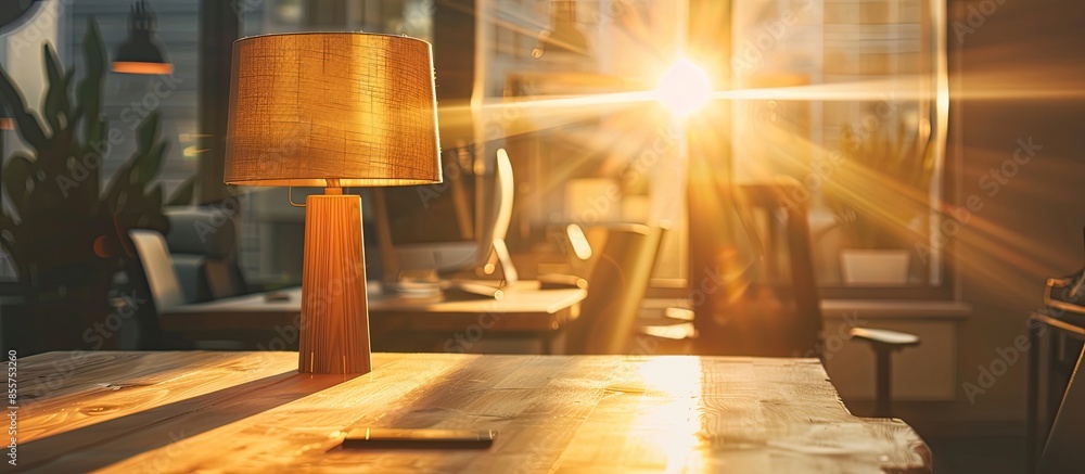 Aufkleber a wooden lamp standing in an office being reflected bu sun rays. with copy space image. place for ad