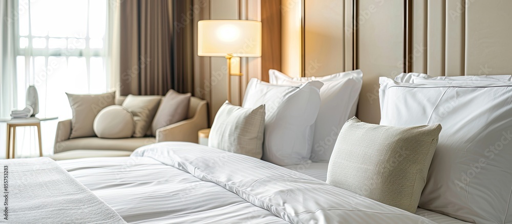 Poster elegant and comfortable home and hotel bedroom interior. with copy space image. place for adding tex