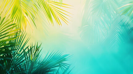 Fototapeta na wymiar A tropical scene with palm trees and a blue sky