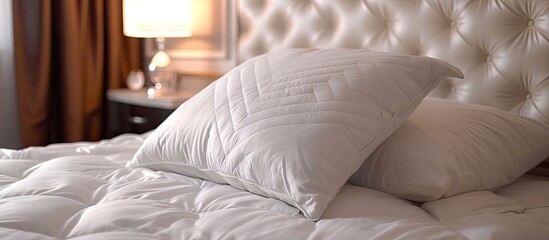Beautiful luxury comfortable white pillow on bed with light lamp decoration in bedroom interior. with copy space image. Place for adding text or design