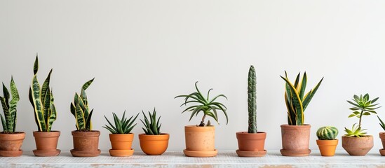 Obraz premium Various type of sansevieria plants. Sansevieria now included in genus Dracaena is known as snake plant, mother-in-law's tongue, devil's tongue, jinn's tongue, bow string. with copy space image