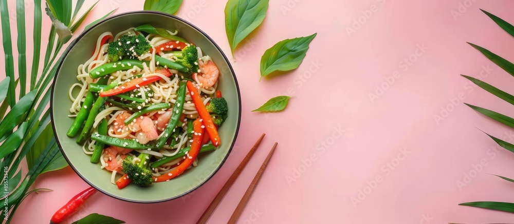 Aufkleber bowl of tasty rice noodles with vegetables and sesame seeds on pastel background. with copy space im