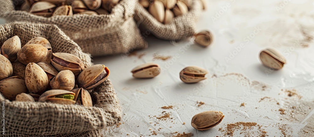 Poster small sacks of burlap filled with unshelled almonds and rousted pistachios seeds with shell lie on a