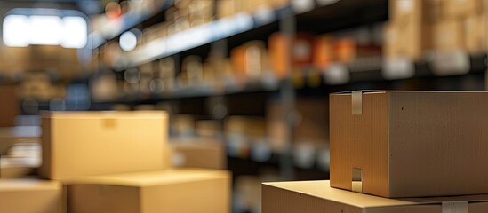 Home mart Store box blurred on shelf row. with copy space image. Place for adding text or design