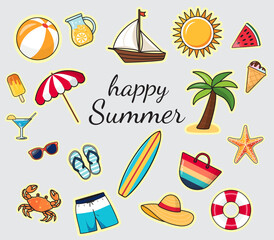 A set of hand drawn stickers for summer vacation.; Design concept of summer vacation; travel. Vector illustration.