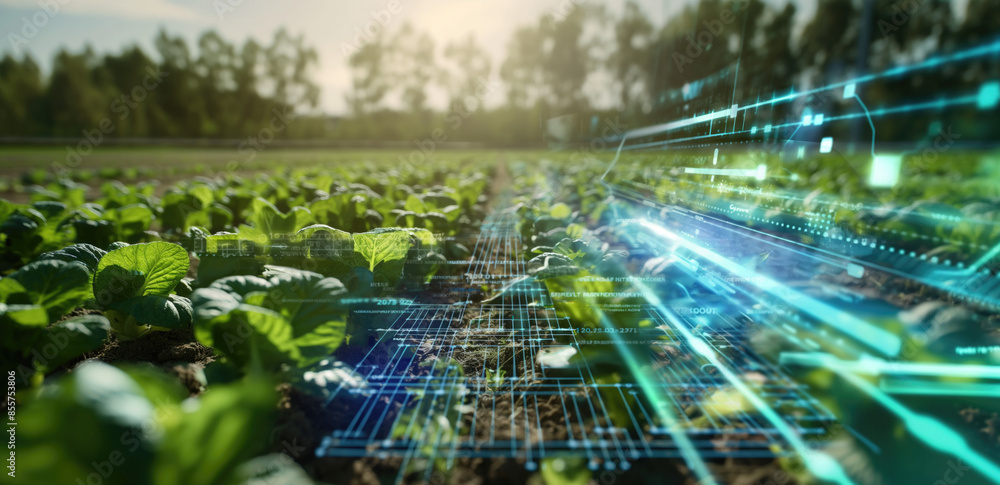 Poster digital farming technology in a lush vegetable field background. concept of integrating advanced tec