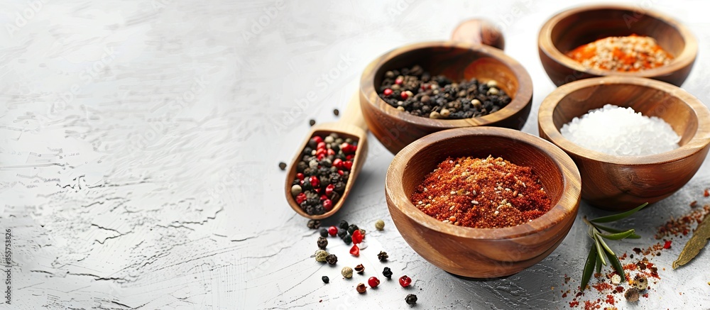 Poster scoop and bowls with different spices, closeup. copy space image. place for adding text or design
