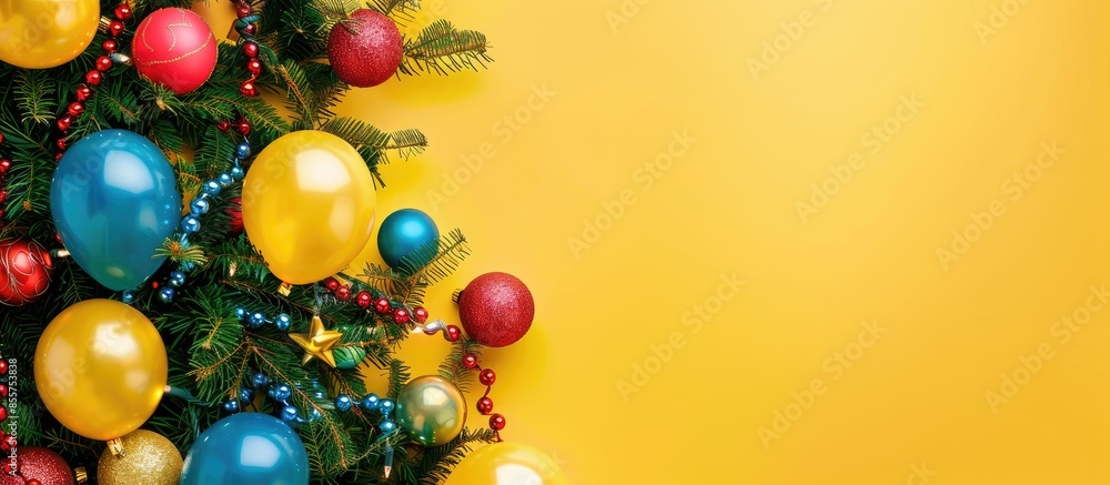 Poster a christmas tree decoration with colored balloons and garlands. coniferous spruce decorated. toys on