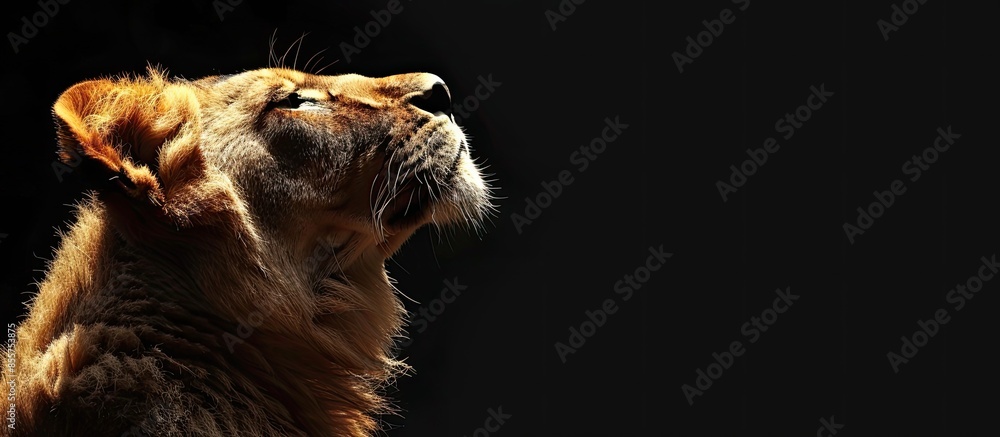 Poster Lion king isolated on black. Copy space image. Place for adding text or design