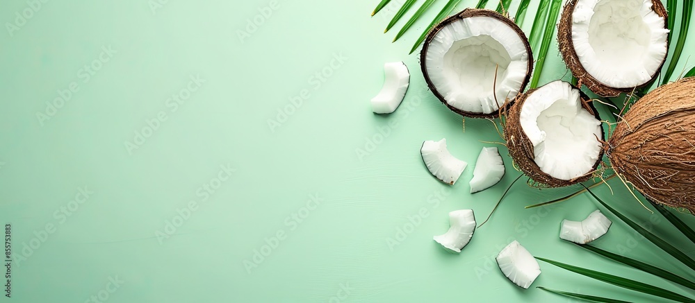 Poster coconut on a pastel background coconut isolated green. with copy space image. place for adding text 