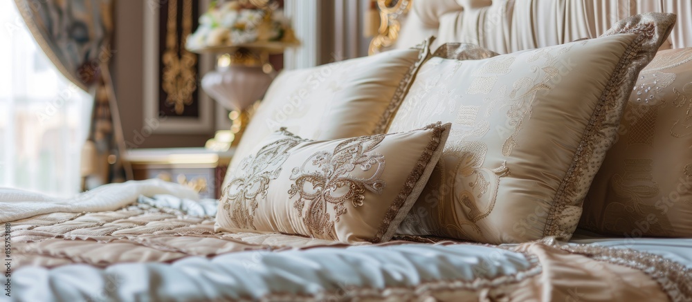 Poster detail of classic furniture bed with pillows in bedroom. with copy space image. place for adding tex