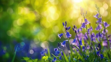 Fototapeta premium Outdoor picture of bluebells in garden with blurry green background on a sunny spring day