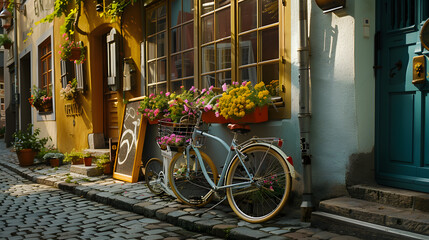 A row of colorful buildings with flower pots on the windowsills