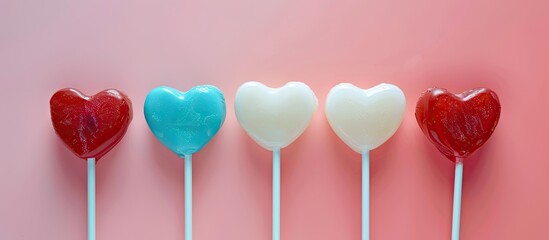 White, blue and red heart shaped lollipops isolated on pastel background. Love, candy or valentines background. with copy space image. Place for adding text or design