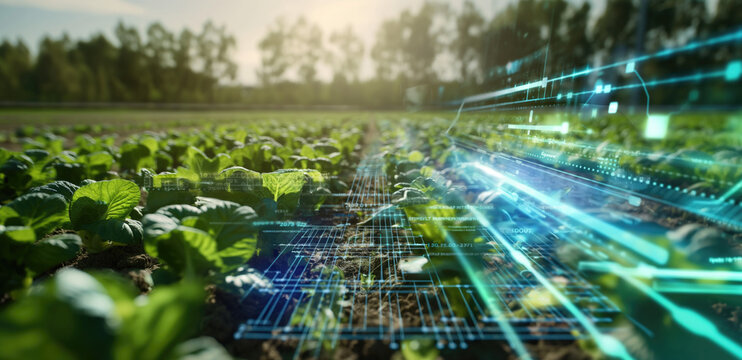 Digital Farming Technology in a Lush Vegetable Field Background. Concept of integrating advanced technology for efficient crop management.