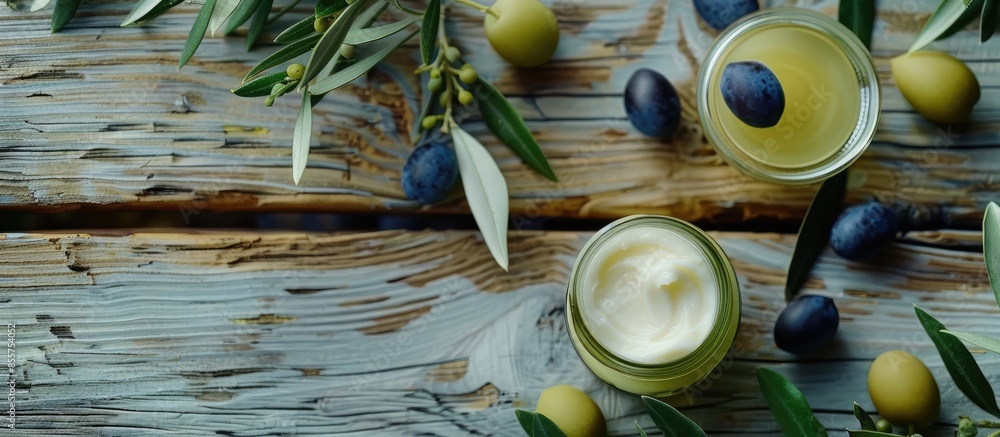 Aufkleber serum and moisturizing cosmetic cream with olive extract for skin with branch and olives on wood tab
