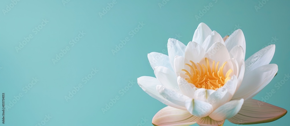 Poster close up blooming white water lily flower isolated on pastel background. with copy space image. plac
