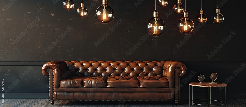 Poster vintage interior in dark room with leather sofa and old wood table and wall from a lot of ceiling li