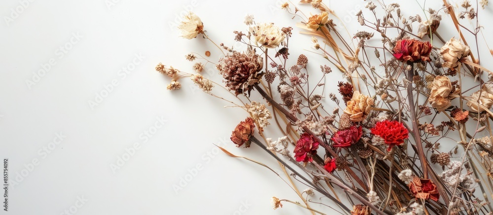 Poster Bouquet of dry flowers close-up on a light background. with copy space image. Place for adding text or design