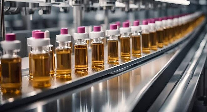 Perfume oil packaging on conveyor line. Conveyor system perfume manufacturing