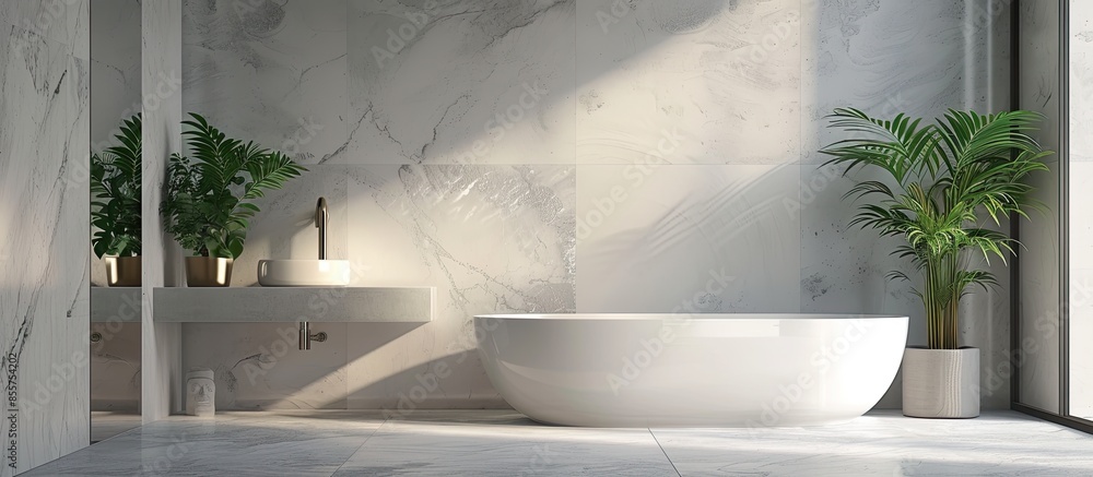 Poster interior design of a luxury bathroom with washbasin (sink) and some decoration on the counter. verti