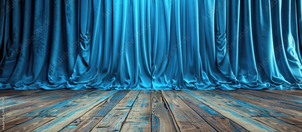 Poster Elegant Blue curtain wooden floor background template. with copy space image. Place for adding text or design