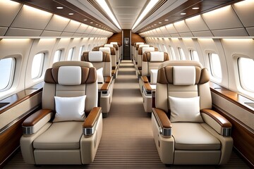 empty passenger seats in cabin of the aircraft plane, interior of an airplane