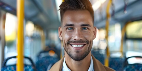 Happy businessman takes bus to work to reduce pollution and commute efficiently. Concept Sustainable Transportation, Business Ethics, Environmental Consciousness, Efficient Commuting - Powered by Adobe