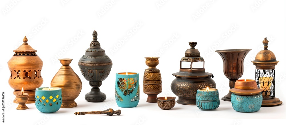 Poster collection of traditional indian interior objects isolated on white. with copy space image. place fo