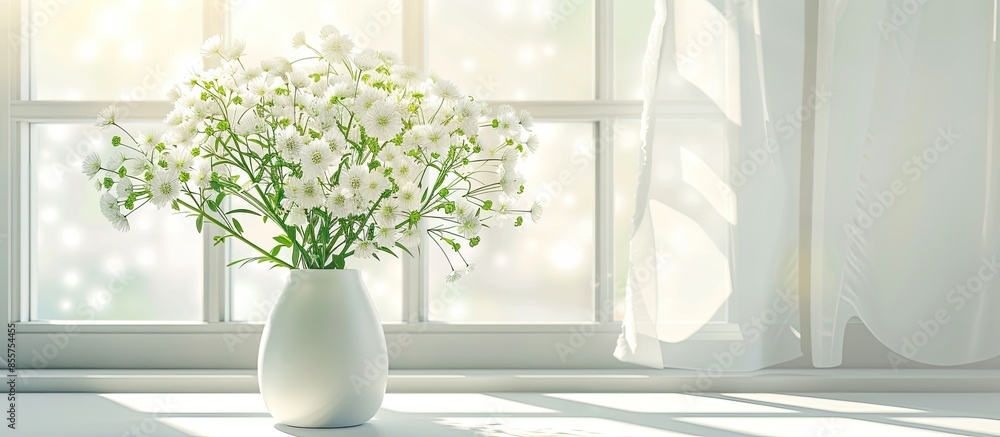 Aufkleber beautiful flower chrysanthemum, gypsophila in a vase on a light background. with copy space image. Place for adding text or design