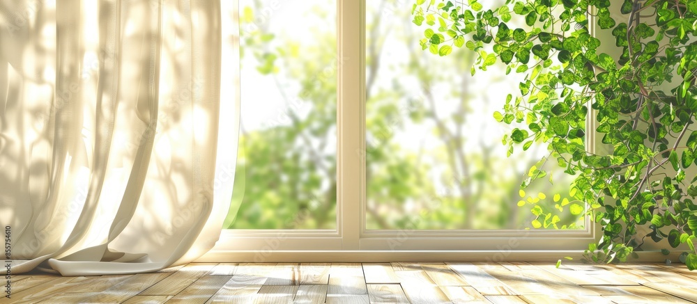 Poster Curtain and window with green tree on background. with copy space image. Place for adding text or design