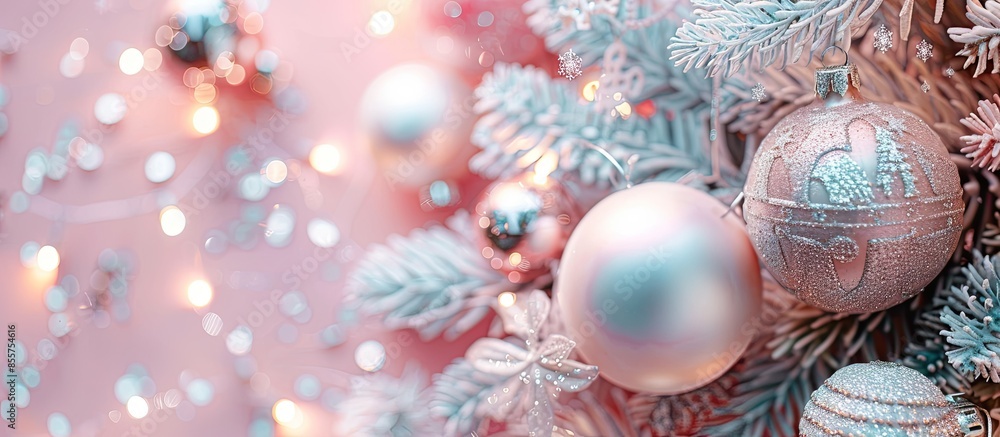 Poster baubles, lights and other decoration on christmas's tree. pastel background. with copy space image. 