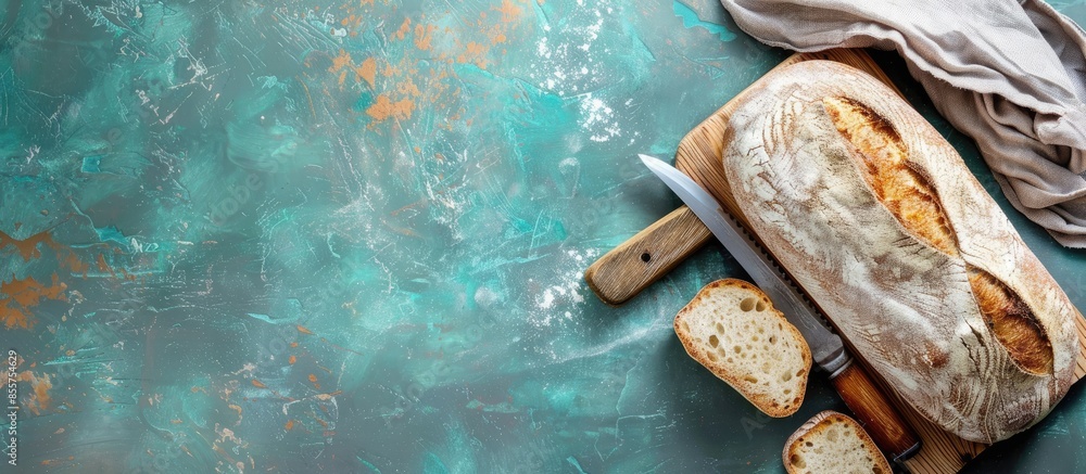 Poster fresh bread slice and cutting knife on rustic table pastel background. with copy space image. place 