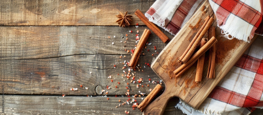 Leinwandbilder cinnamon sticks on the board with a plaid towel in the home interior. with copy space image. place f